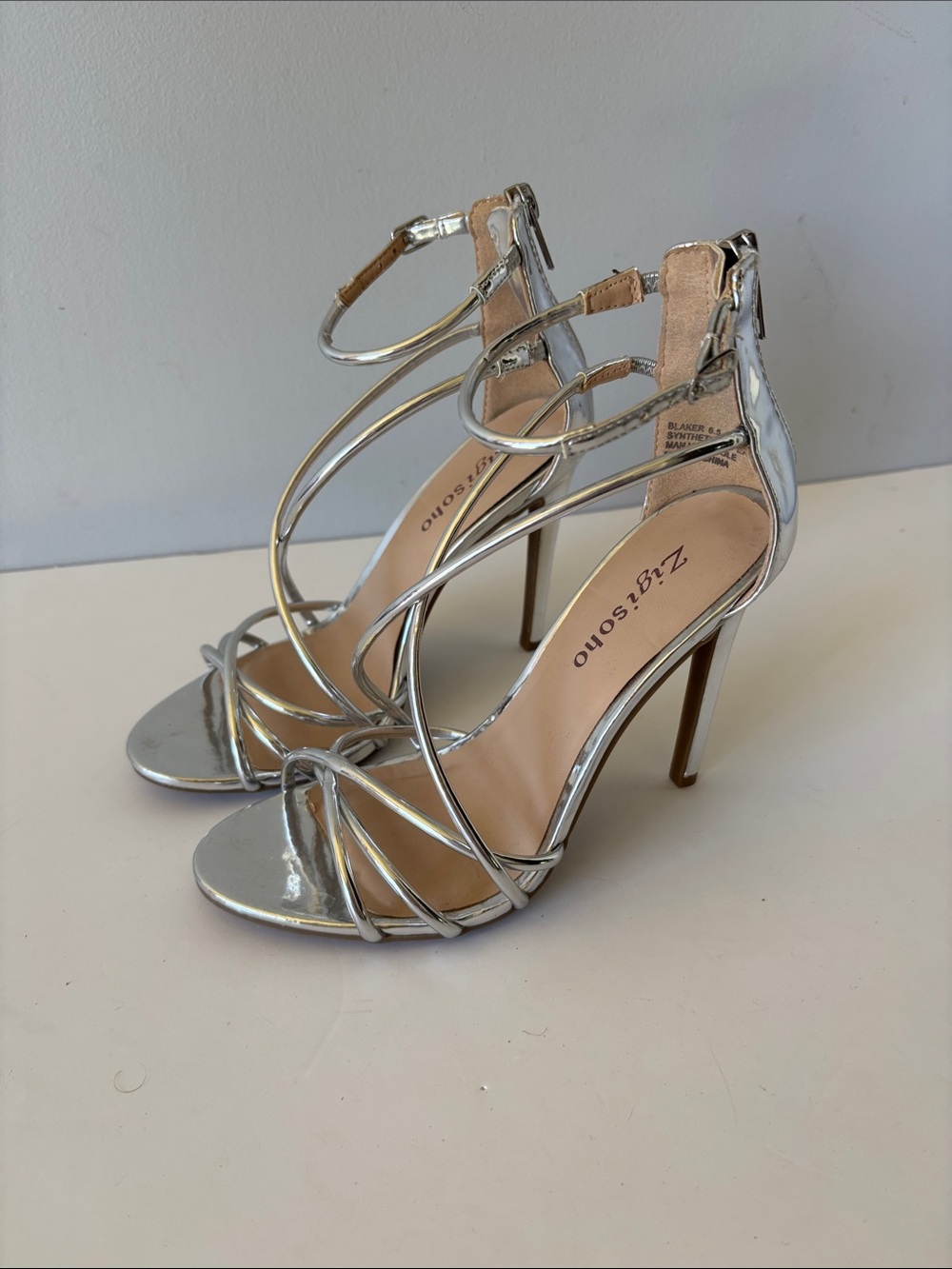 Zigi Soho Silver Metallic Strappy Stiletto Sandals Heels Size 6.5
